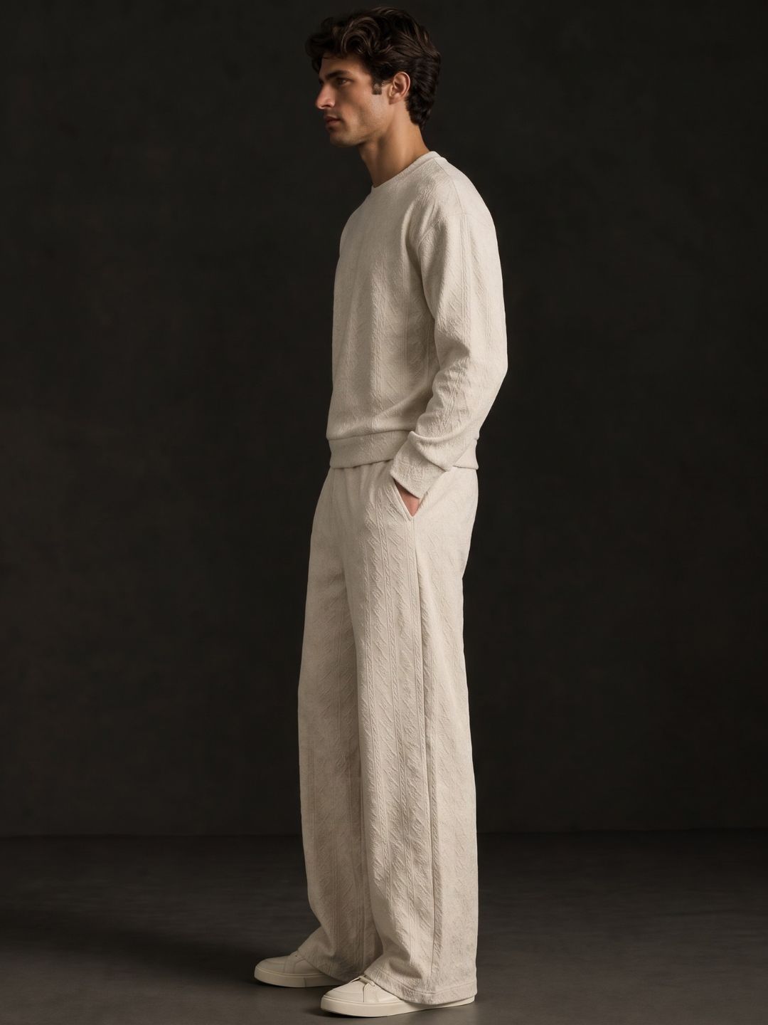 Off-White Textured Oversized Full Sleeve Sweatshirt & Trackpant Co-ord Set