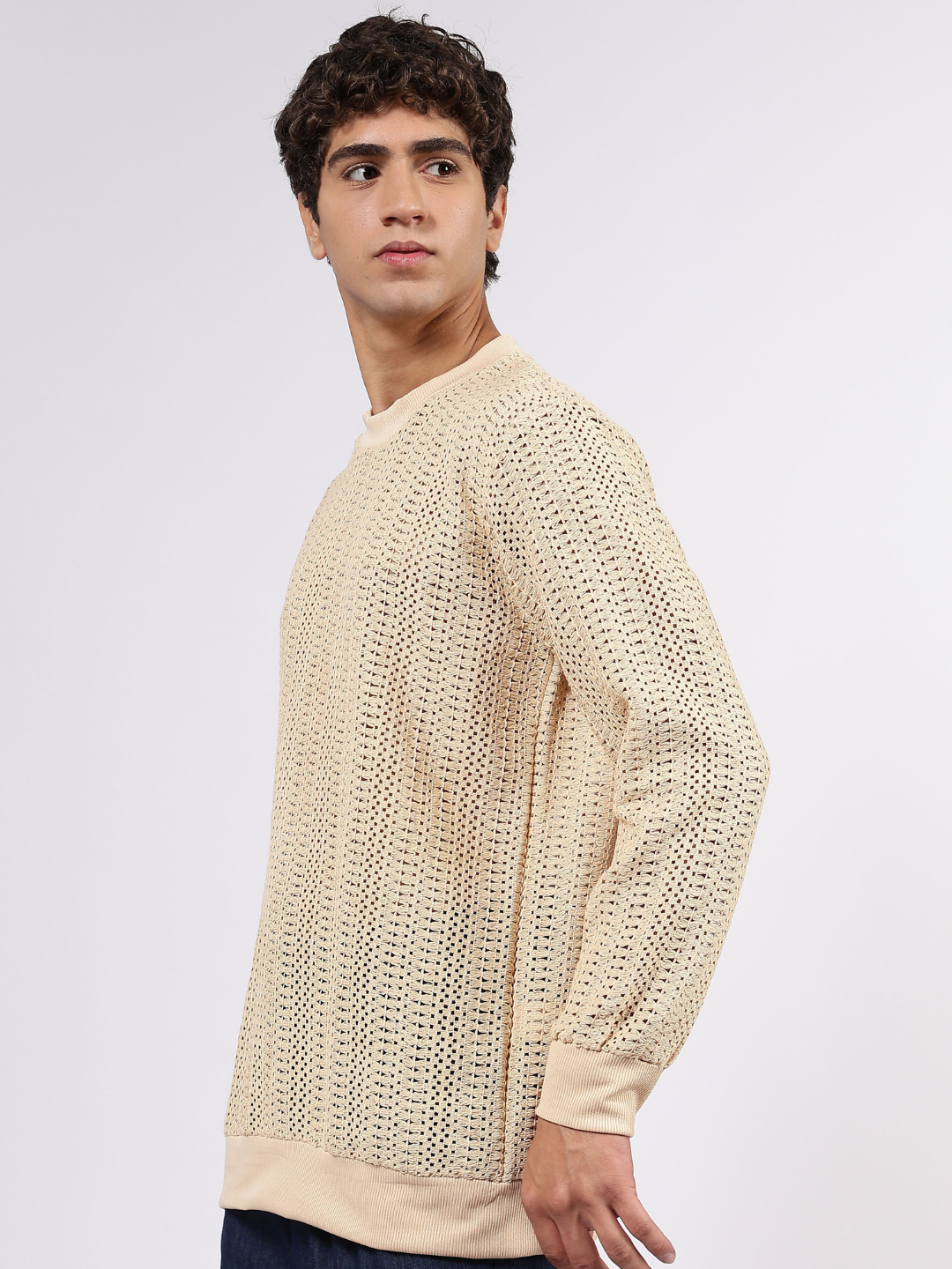Beige Oversized Fit Premium Cotton Crochet Pullover