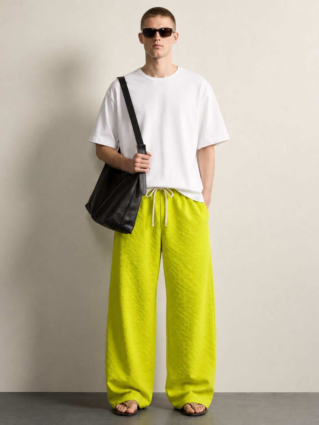 Neon Green Textured Relaxed-Fit Mid-Rise Korean Pant