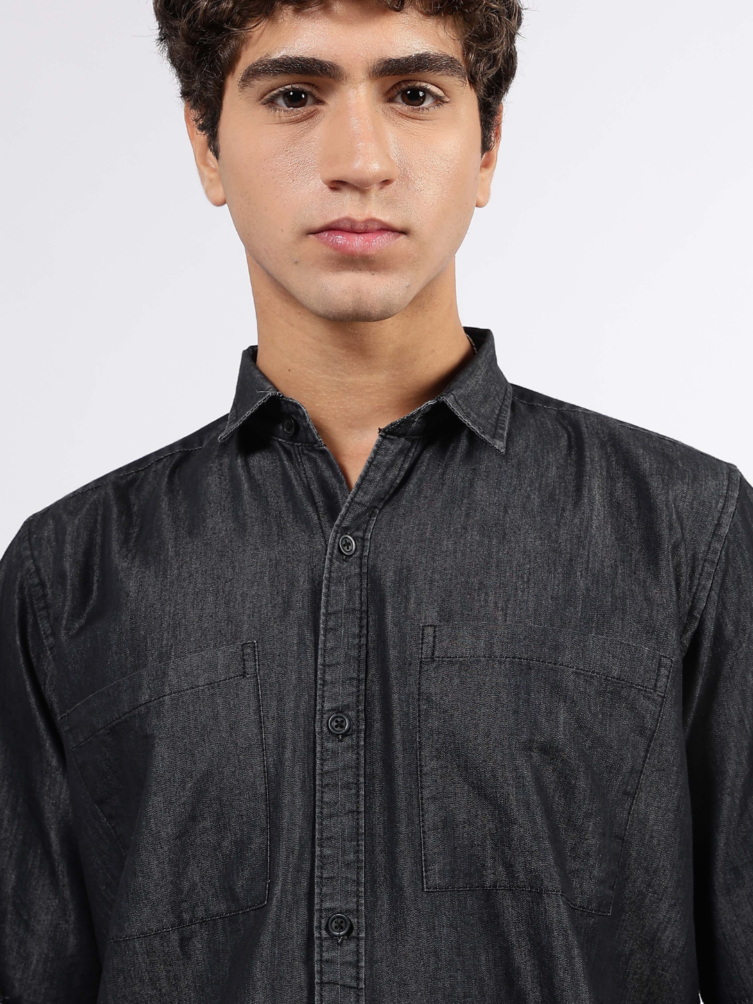 Black Raw Edge Oversized Box-Fit Spread Collar Premium Denim Shirt