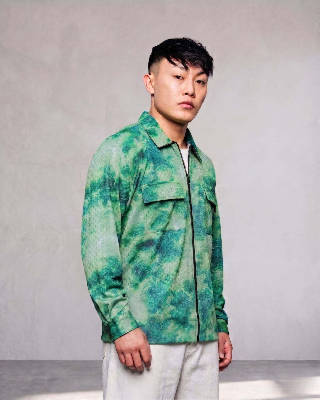 Grey & Green Abstract Printed Drop-Shoulder Relaxed Fit Shirt Zipper Shirt