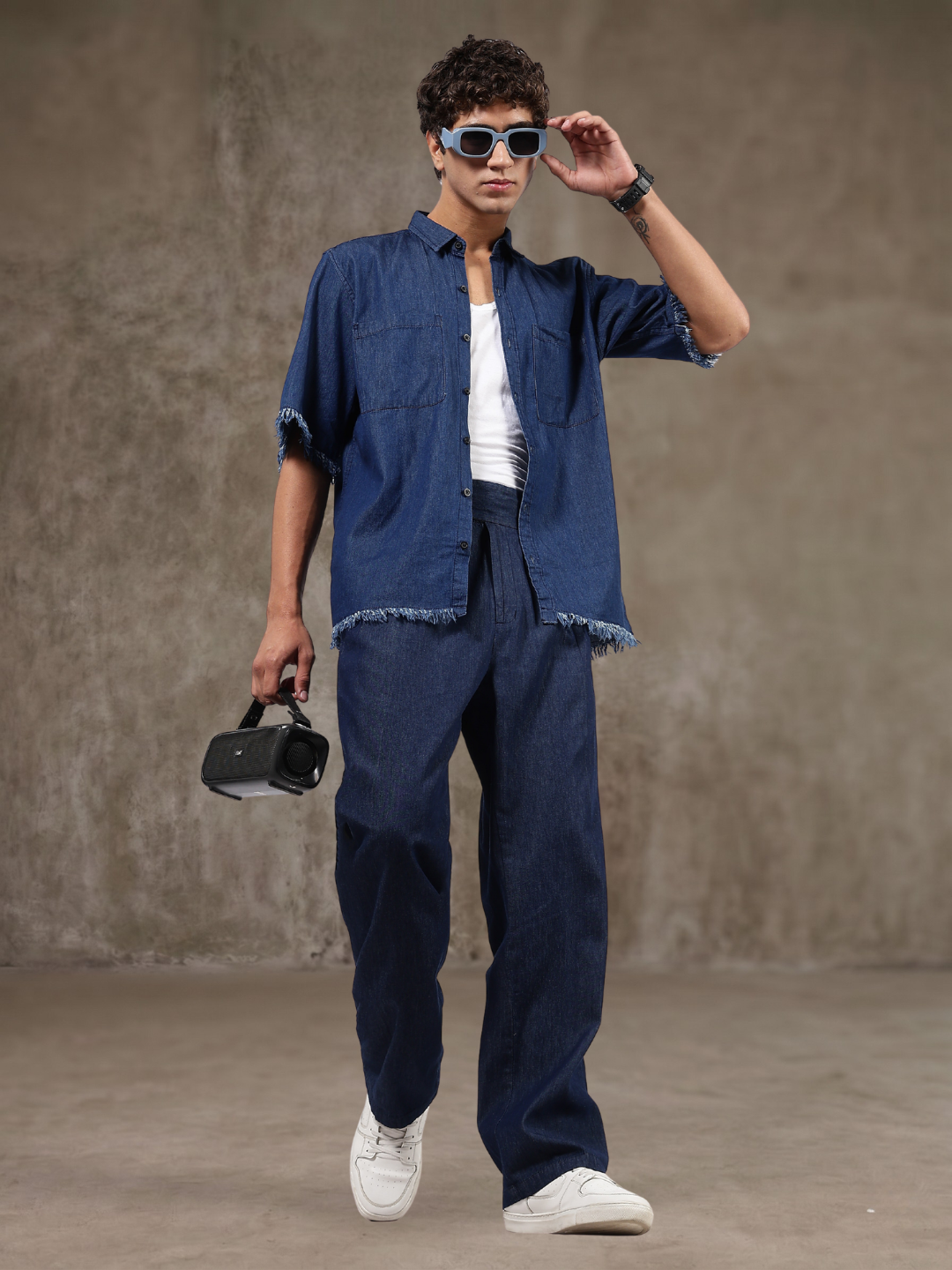 Co-Ord Set Navy Blue Premium Denim Gurkha Pant & Half Sleeve Shirt Relaxed Fit