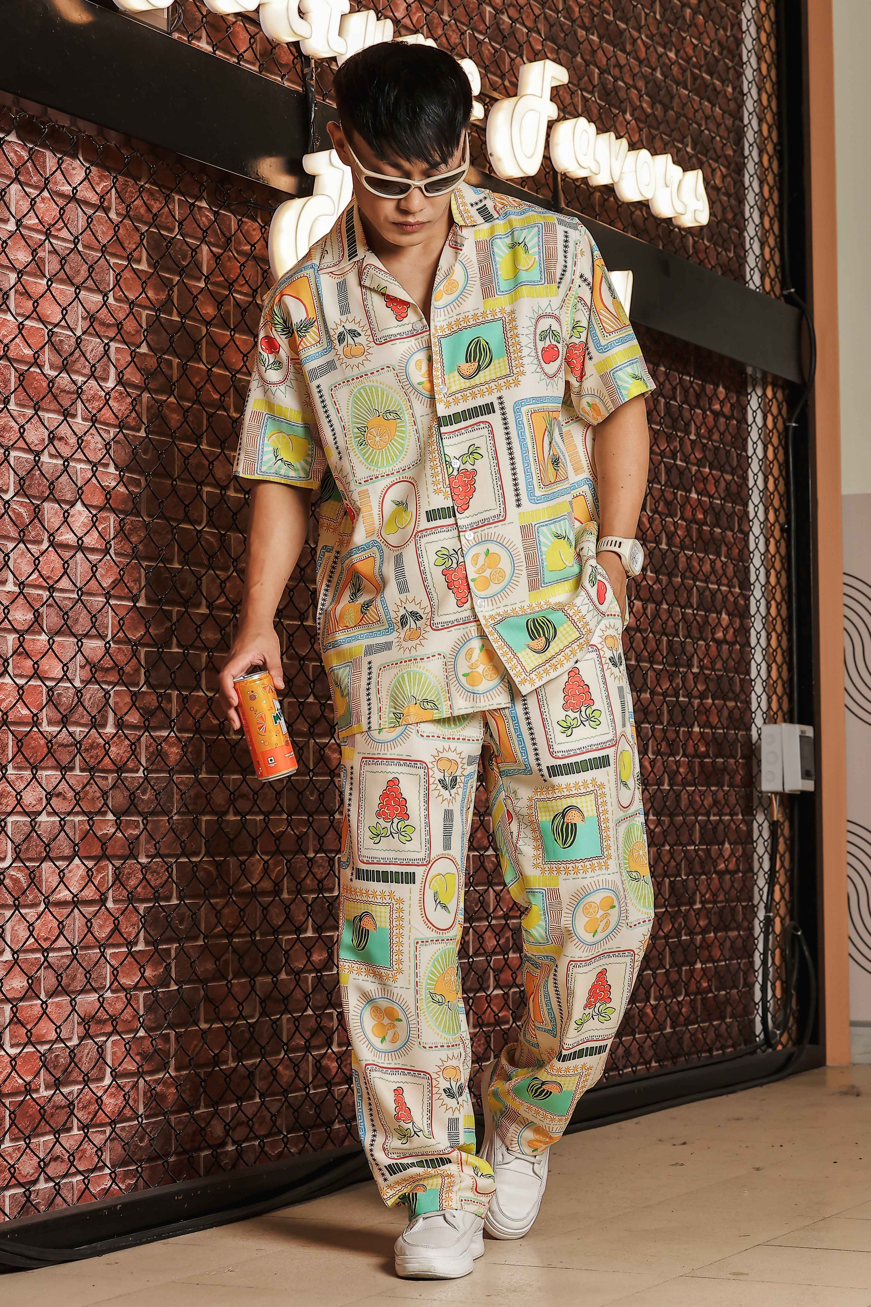 Beige Stamp Print Relaxed Fit Cuban Shirt & All Day Pant Co-Ord Set