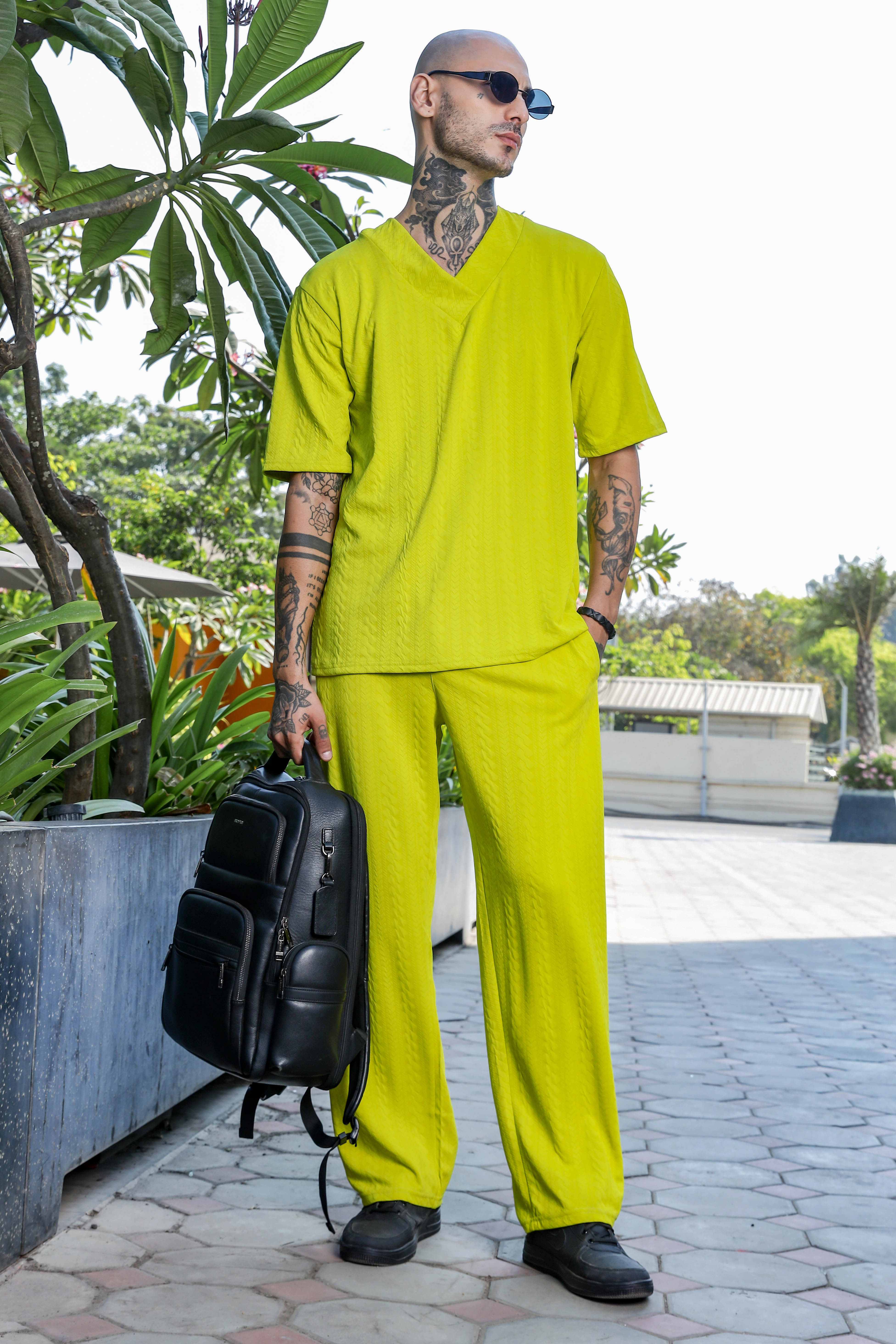 Unisex Lime Green Textured Oversized V-Neck Tee & Trackpant Co-ord Set