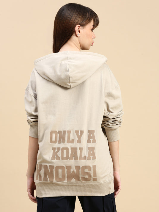 Unisex Beige Relaxed Fit Printed Hoodie Sweatshirt