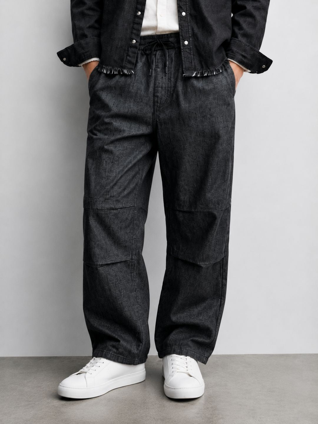 Denim Co-ord Set Charcoal Black Parachute Baggy Denim Pant & Full Shirt Relaxed Fit