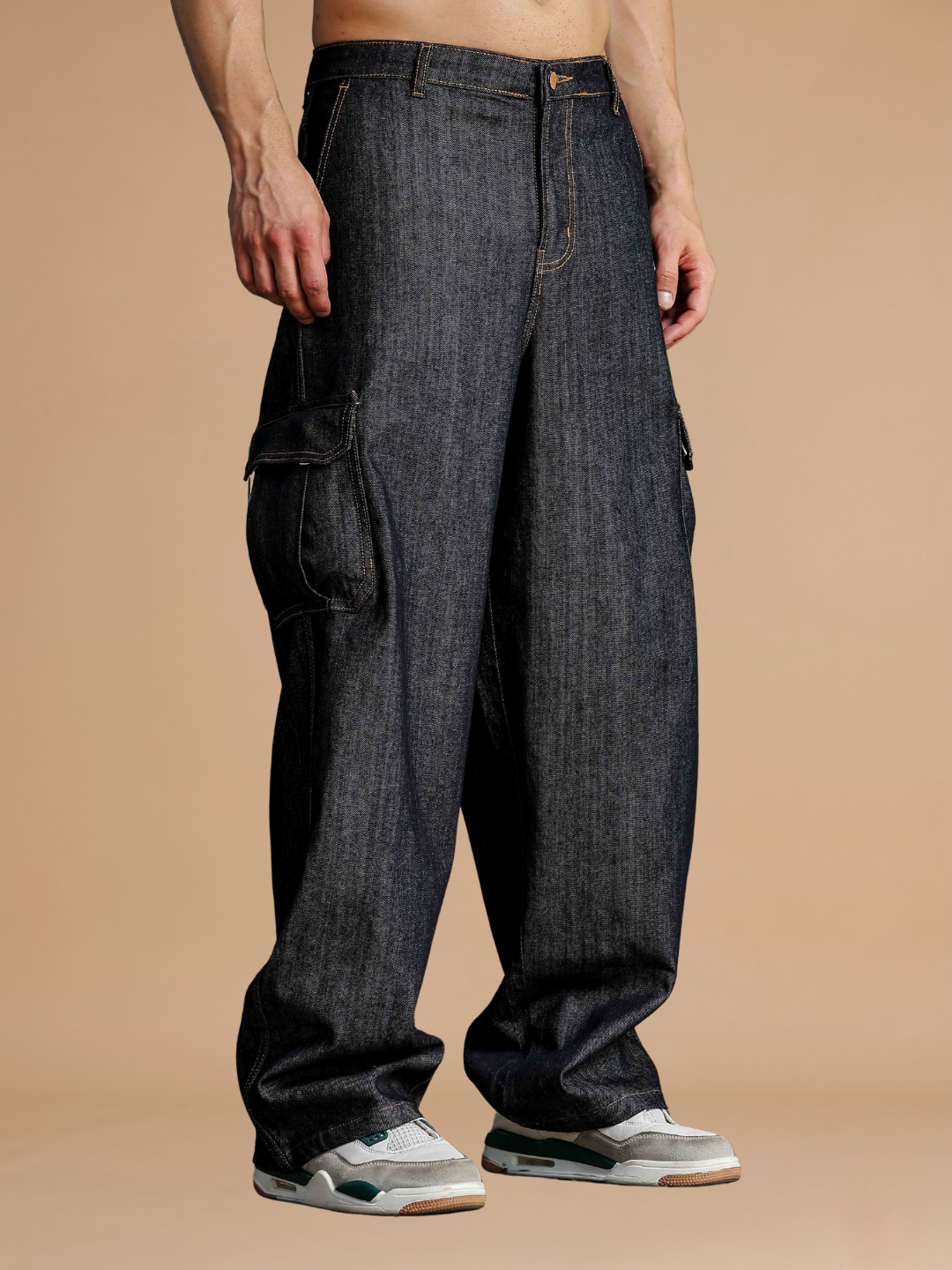 Black Super Baggy Fit Premium 100% Cotton Denim 6-Pocket Cargo