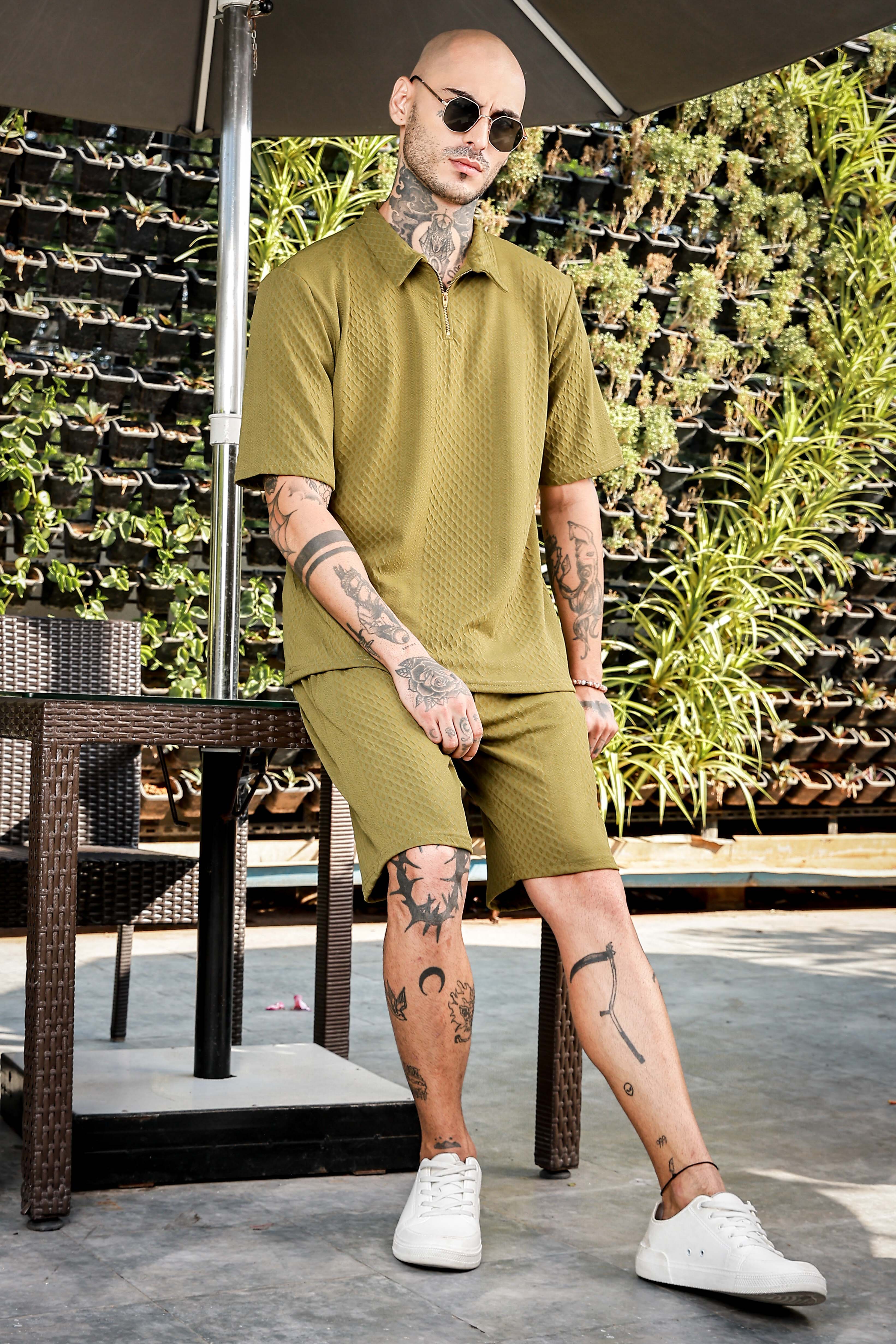 Unisex Olive Textured Oversized Polo Neck Tee & Shorts Co-ord Set