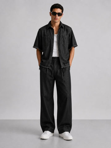 Co-Ord Set Black Premium Denim Gurkha Pant & Half Sleeve Shirt Relaxed Fit