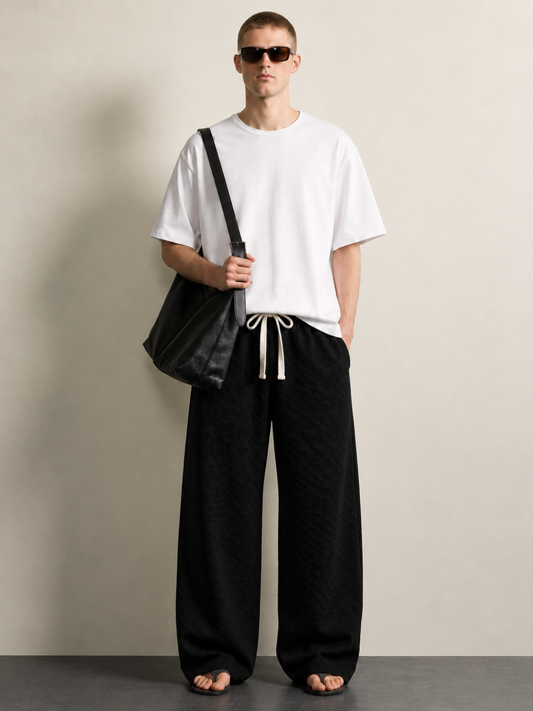 Black Textured Relaxed-Fit Mid-Rise Korean Pant