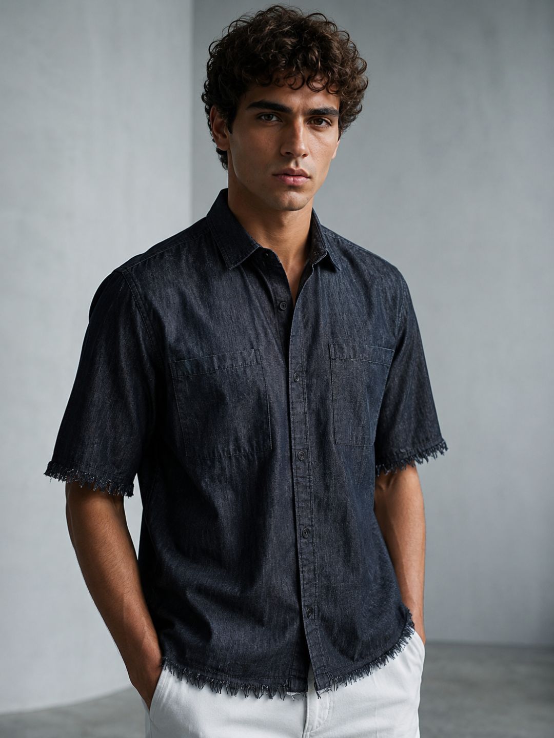 Black Raw Edge Oversized Box-Fit Spread Collar Premium Denim Shirt