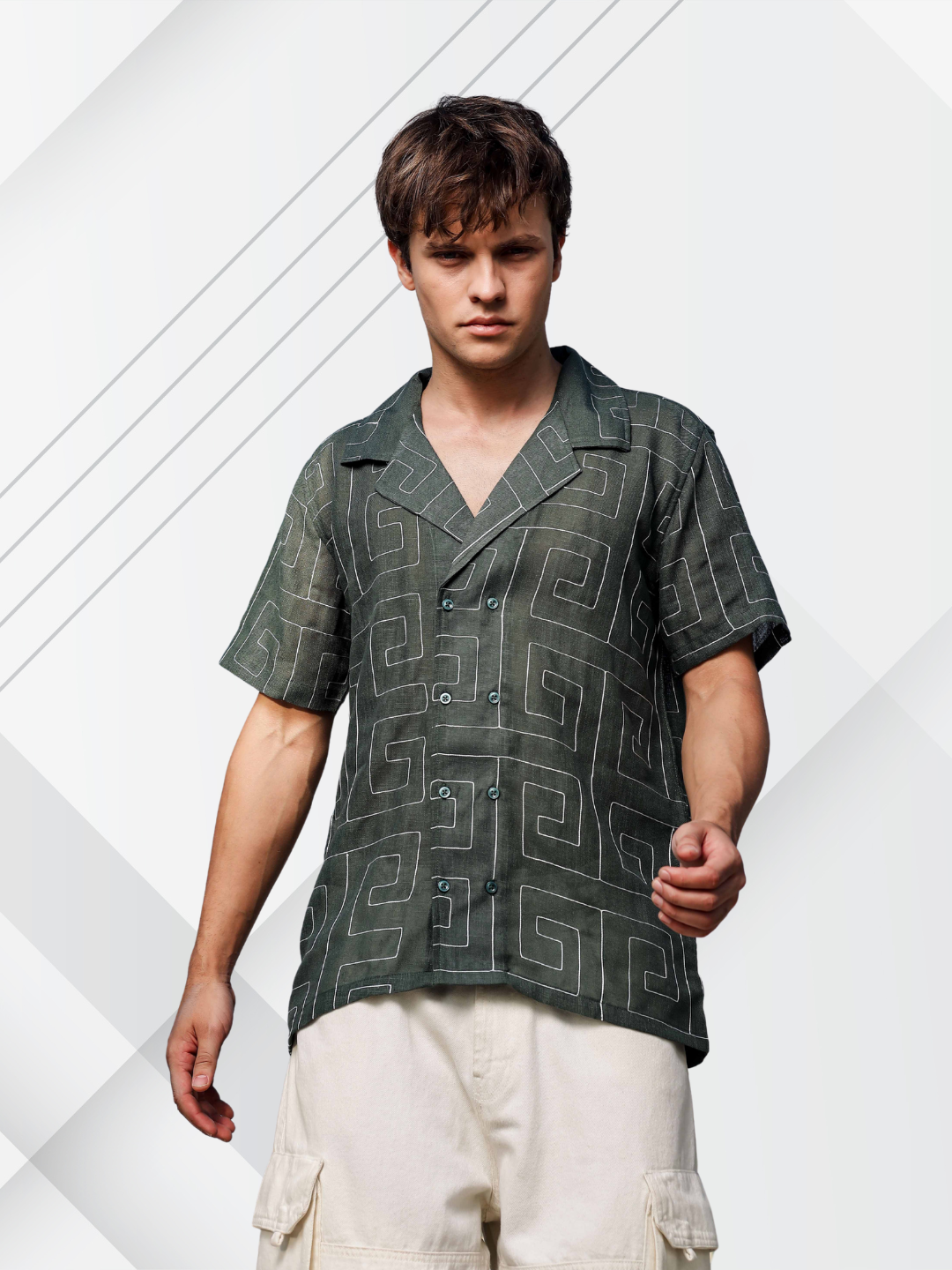 Olive Korean Linen Blend Embroidered Notched Lapel Collar Resort Shirt