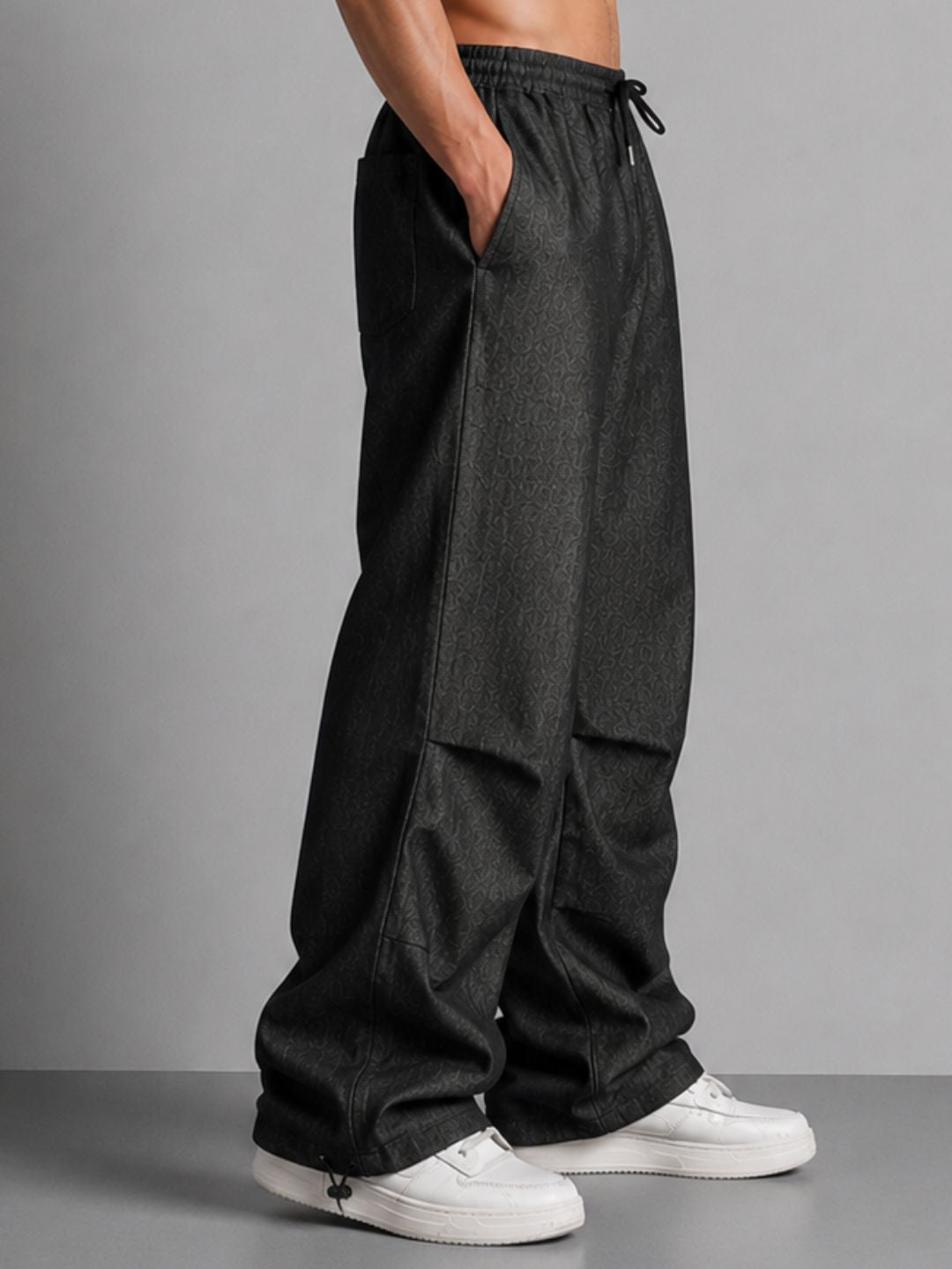 Black Relaxed Fit Drawstring Premium Denim Parachute Cargo