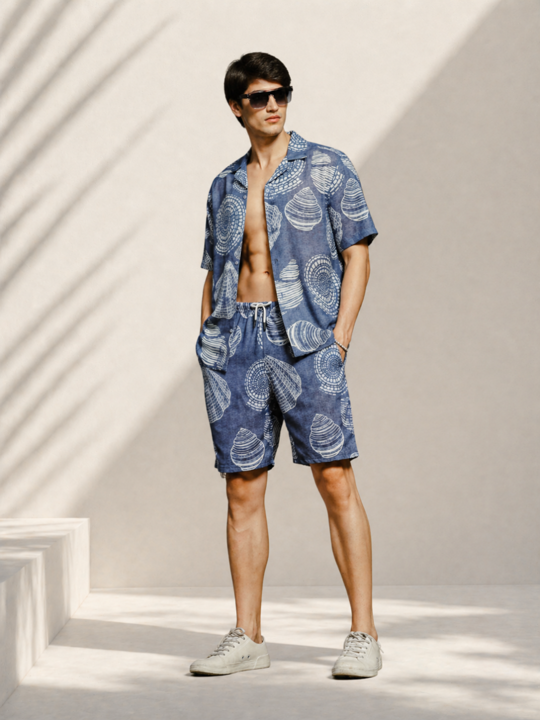 Grey Tropical Print Linen Blend Cuban Collar Resort Shirt & Shorts Co-ord Set