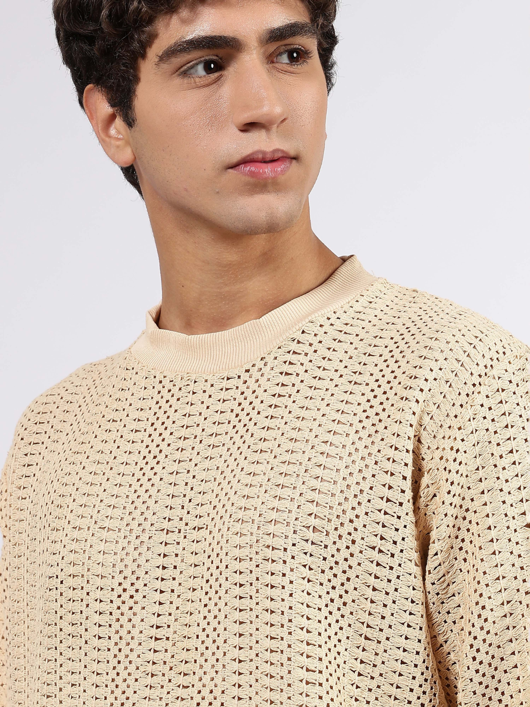Beige Oversized Fit Premium Cotton Crochet Pullover