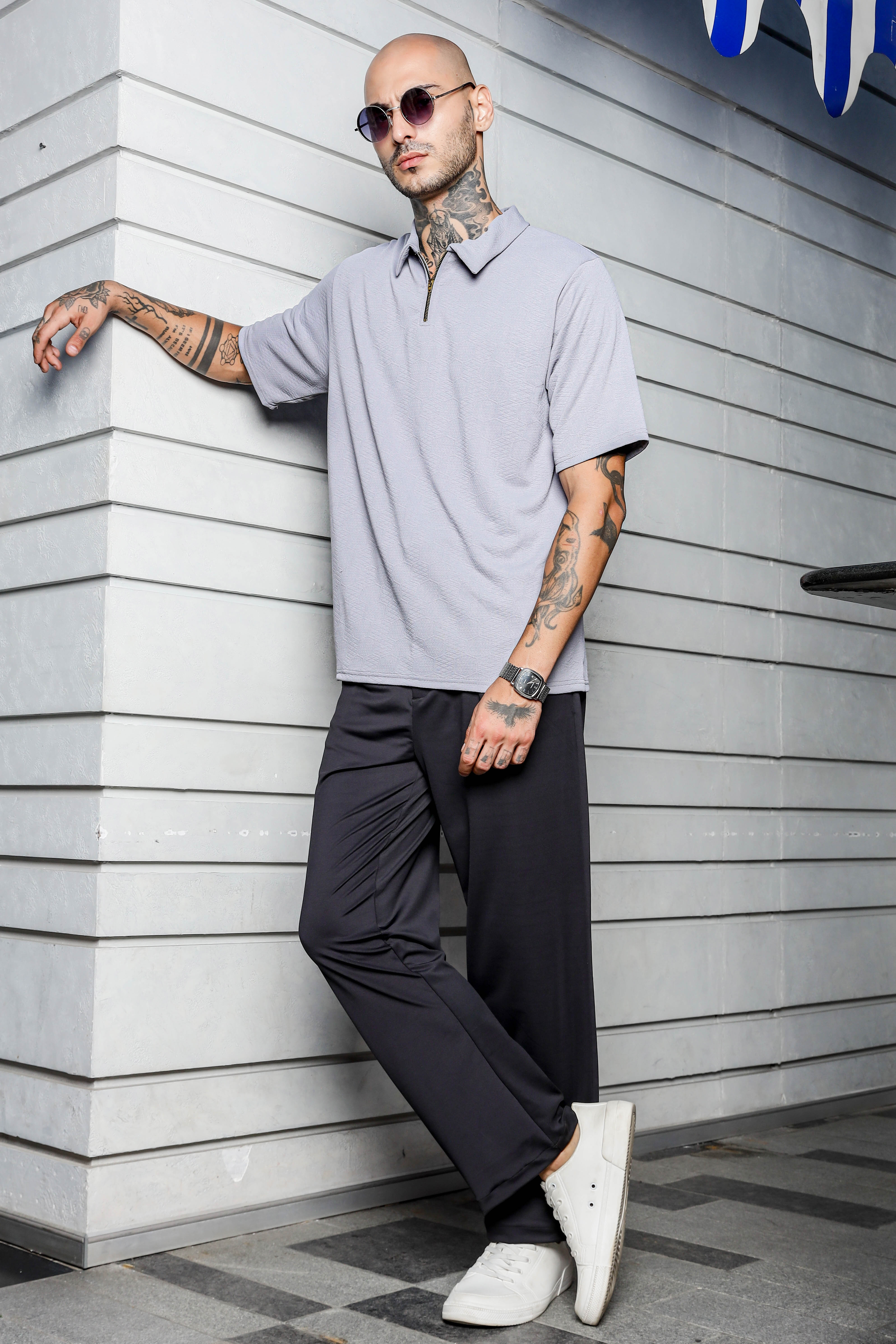 Unisex Grey Textured Polo Neck Oversized T-shirt