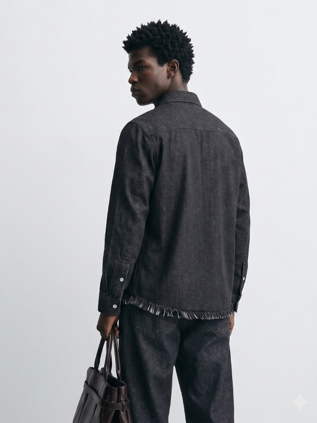 Black Raw Edge Oversized Relaxed Fit Full Sleeve Spread Collar Premium Denim Shirt