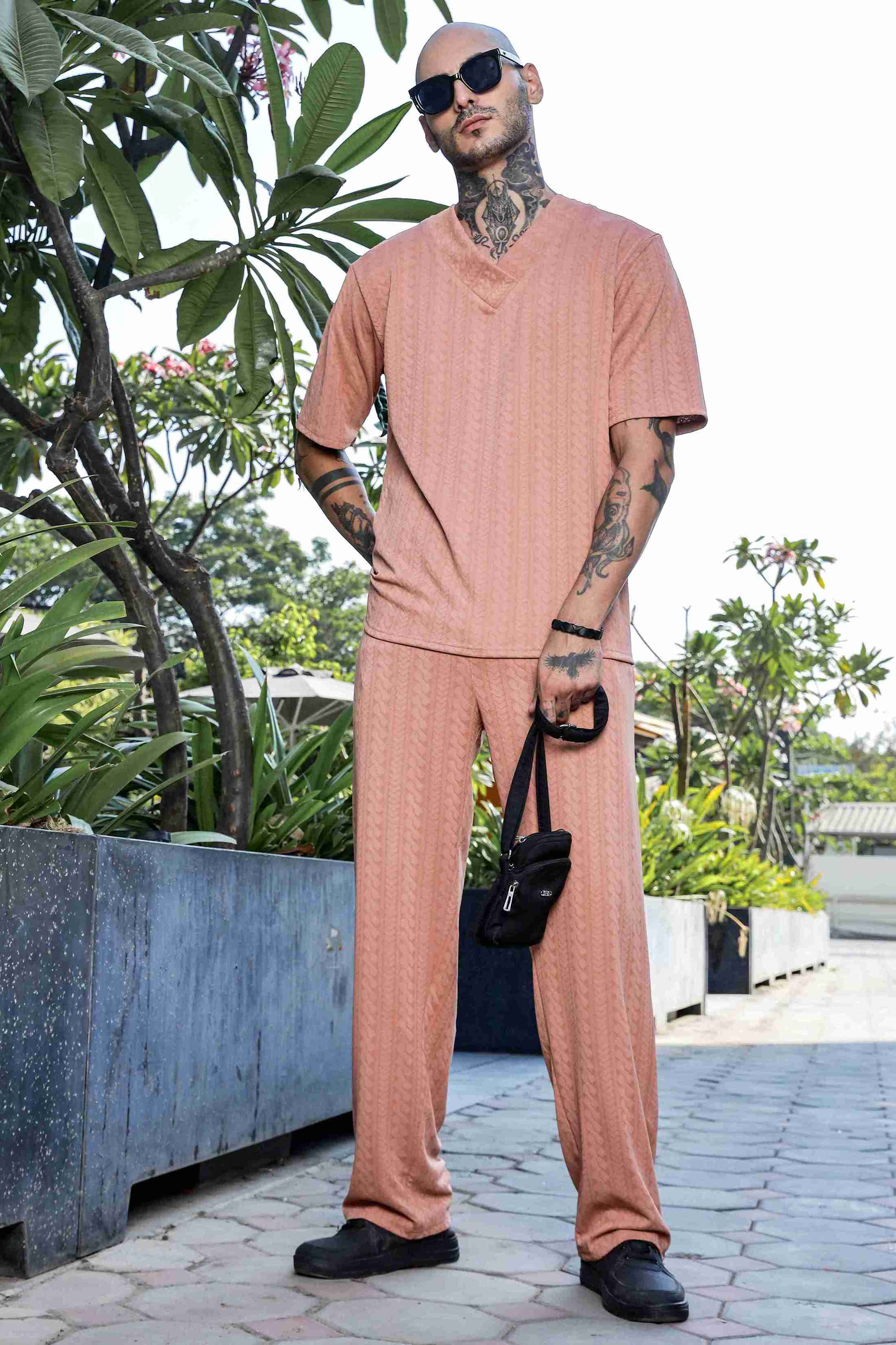 Unisex Brown Textured Oversized V-Neck Tee & Trackpant Co-ord Set