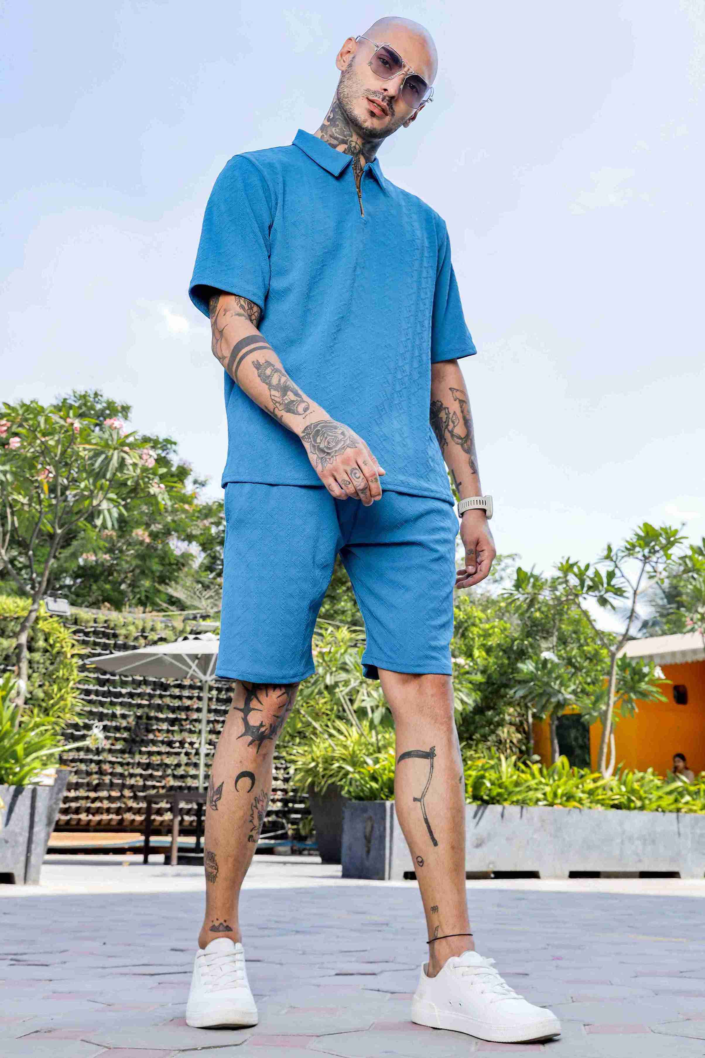 Unisex Blue Textured Oversized Polo Neck Tee & Shorts Co-ord Set