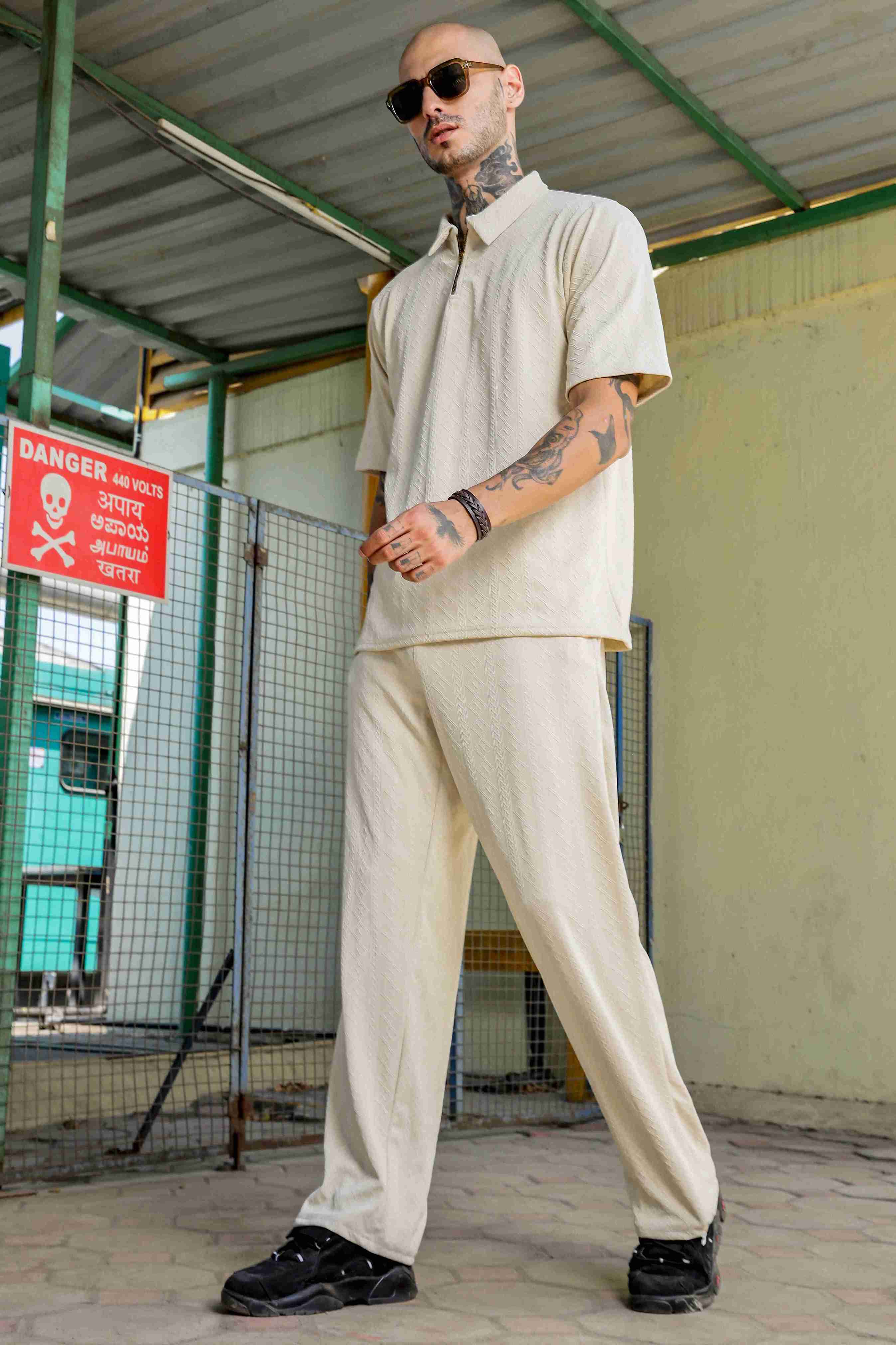 Unisex White Textured Oversized Polo Neck Tee & Trackpant Co-ord Set