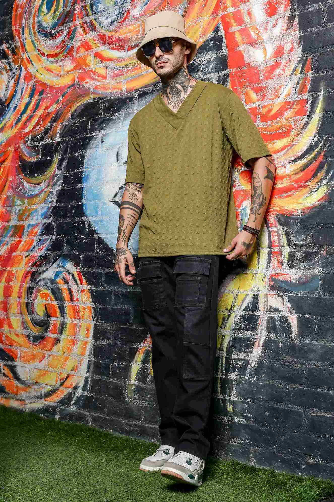 Unisex olive Textured V-Neck Oversized T-shirt