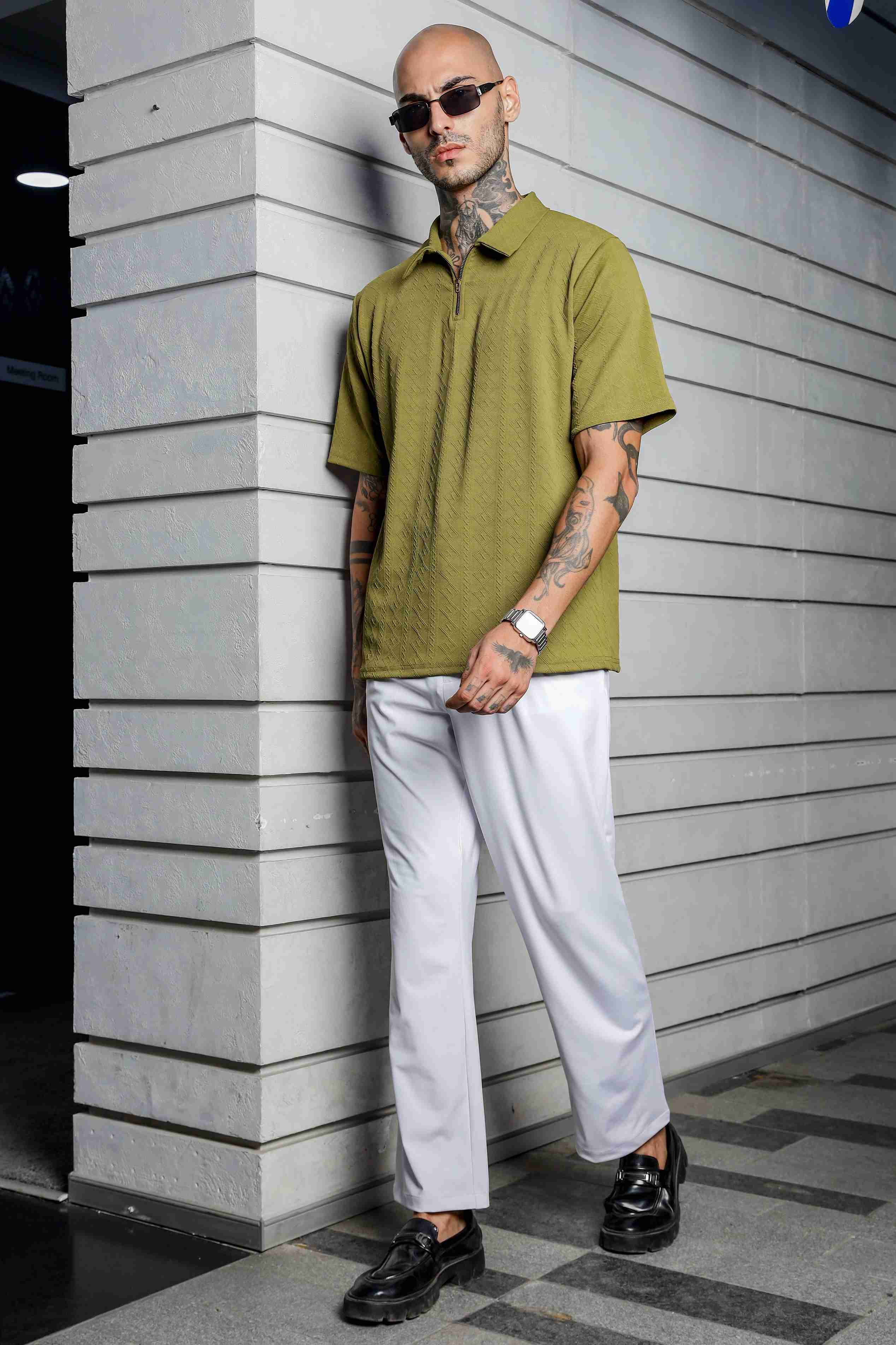 Unisex Olive Textured Polo Neck Oversized T-shirt