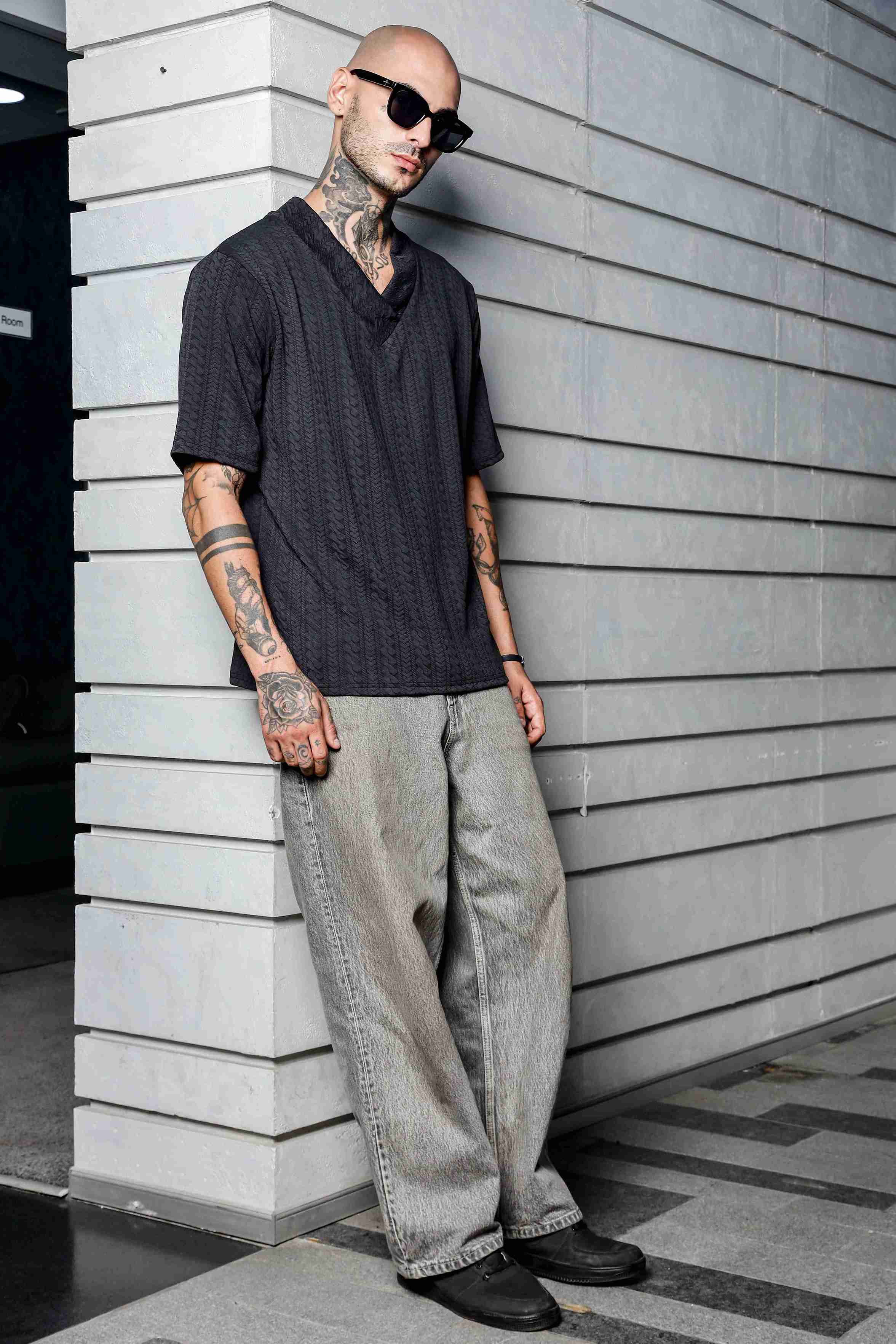 Unisex Black Textured V-Neck Oversized T-shirt