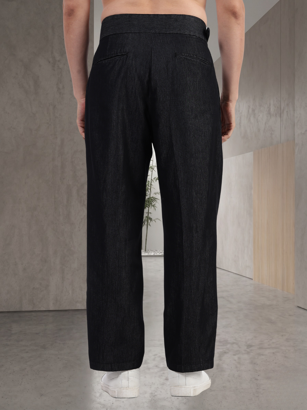 Black Premium Denim Gurkha Trousers with Double Pleated Front