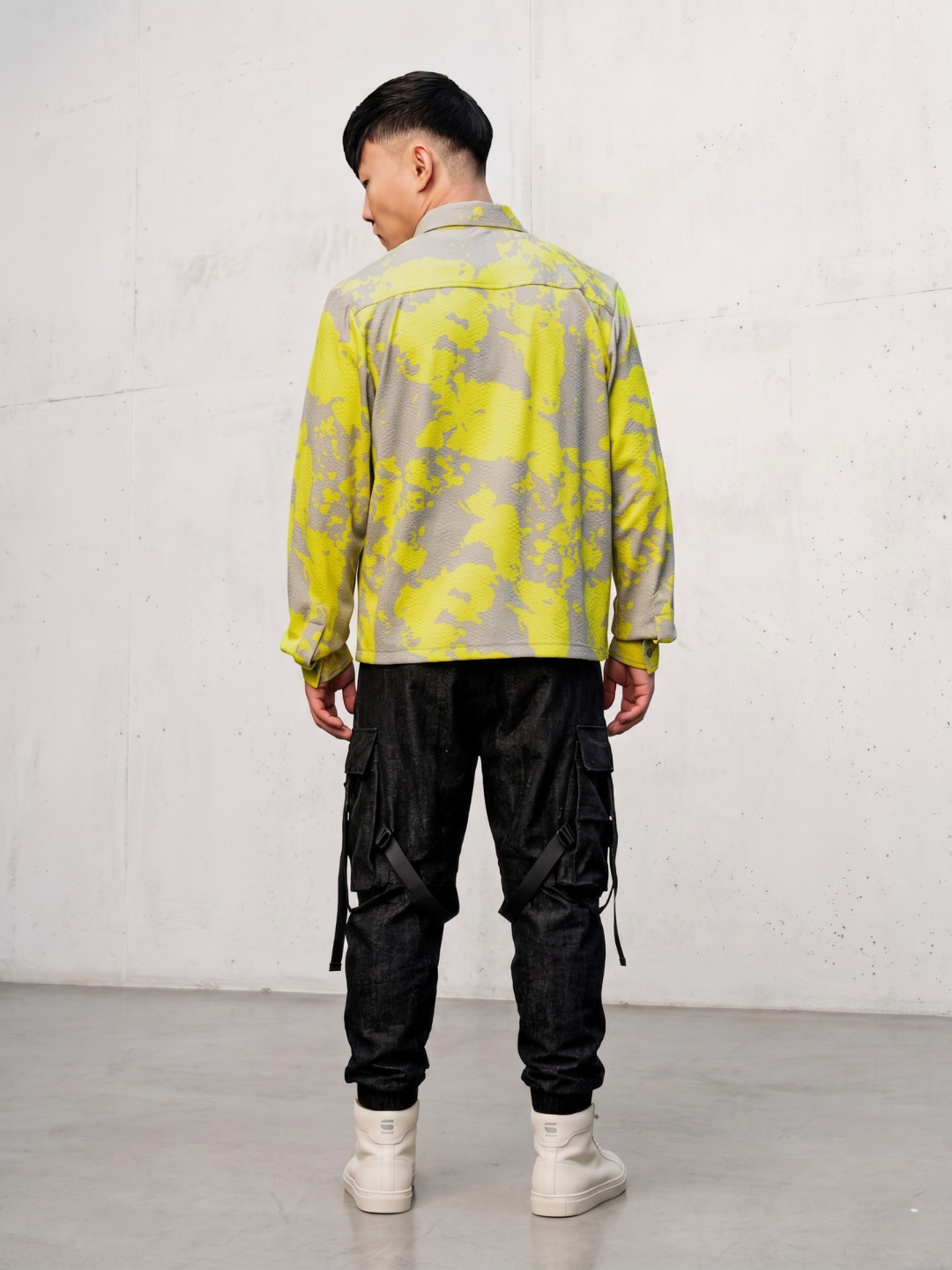 Neon Grey Splatter Abstract Print Textured Drop-Shoulder Relaxed Fit Shirt Zipper Shirt