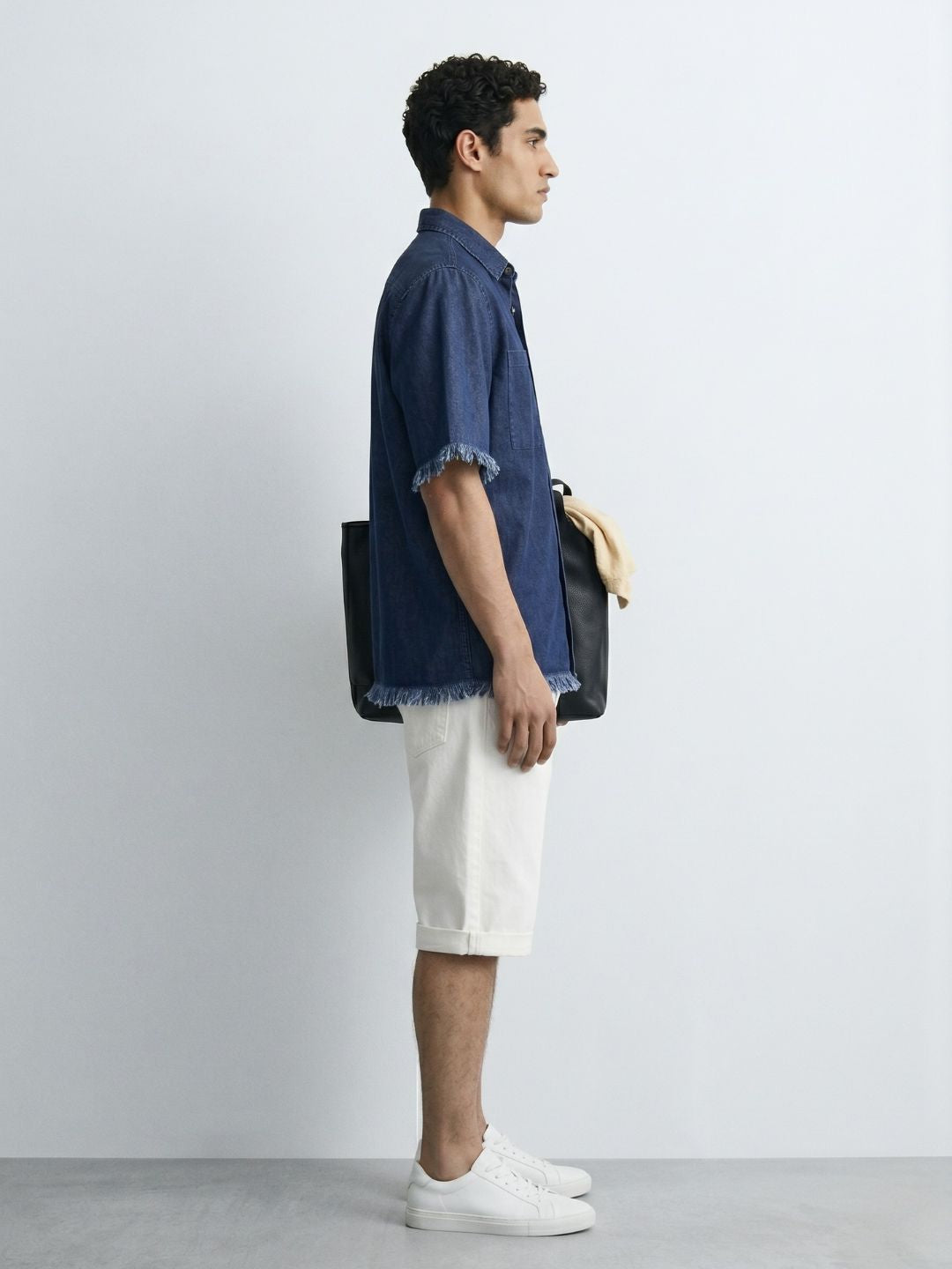 Navy Denim Raw Edge Oversized Box-Fit Spread Collar Half Sleeve Shirt