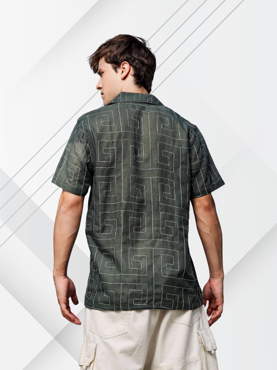 Olive Korean Linen Blend Embroidered Notched Lapel Collar Resort Shirt