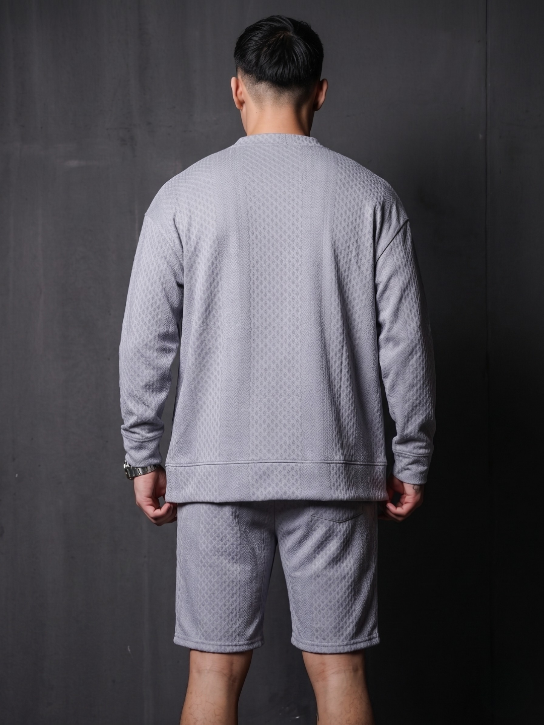 Unisex Grey Textured Cardigan Style T-Shirt & Shorts Co-ord Set