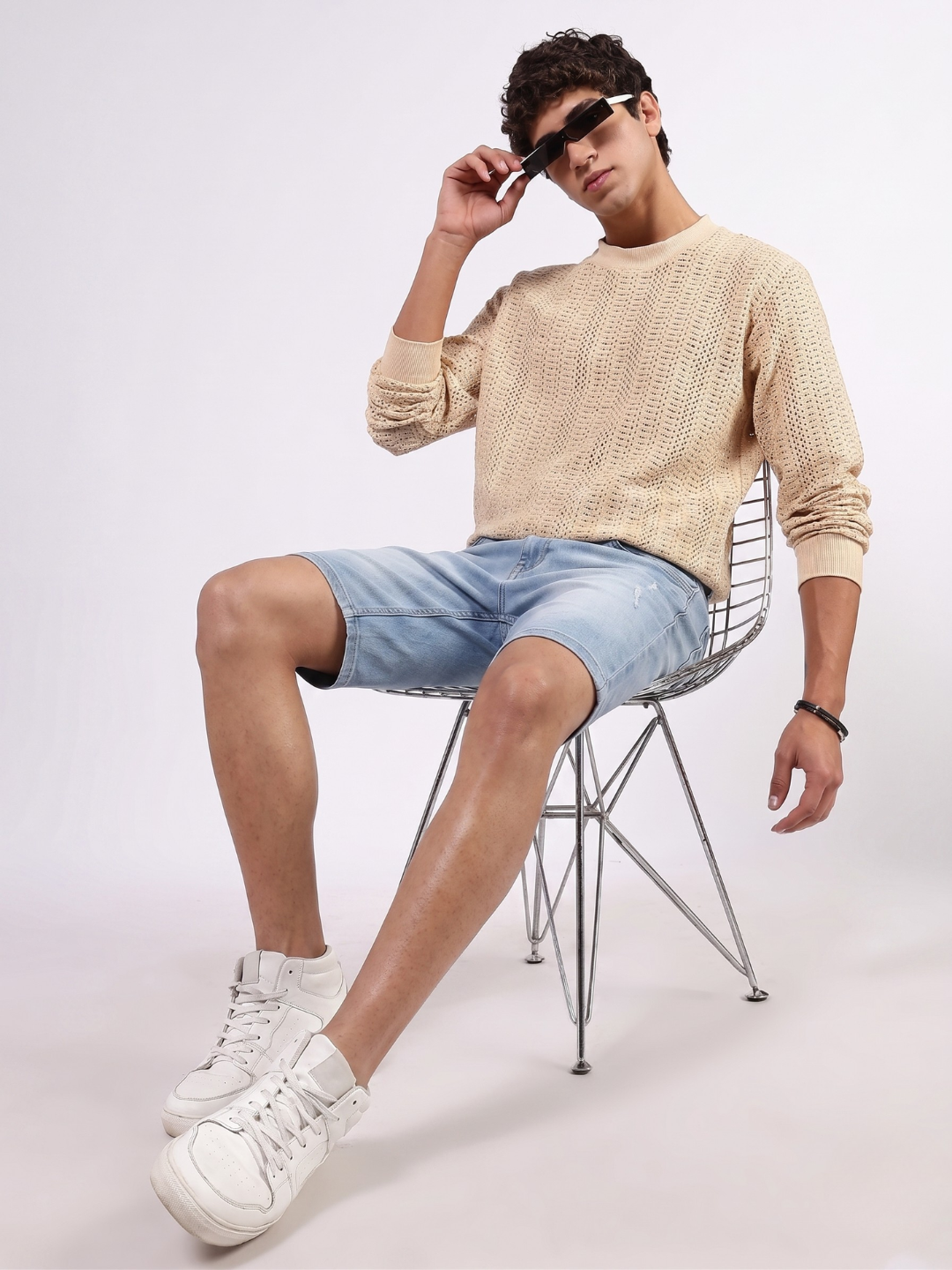 Beige Oversized Fit Premium Pure Cotton Crochet T-Shirt