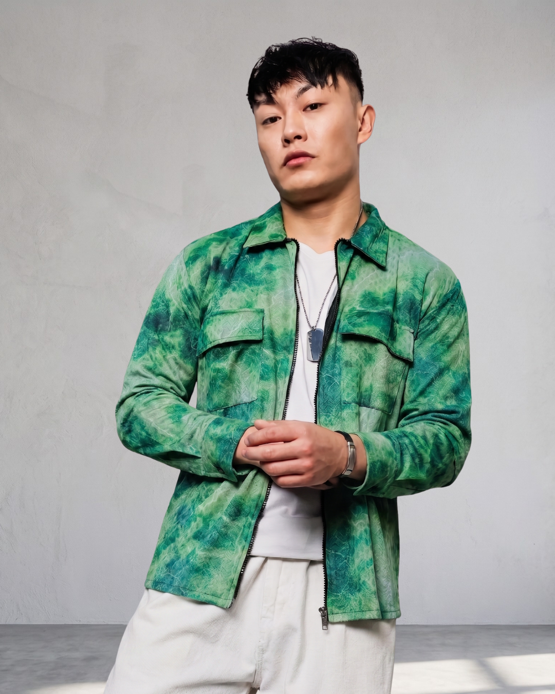 Grey & Green Abstract Printed Drop-Shoulder Relaxed Fit Shirt Zipper Shirt