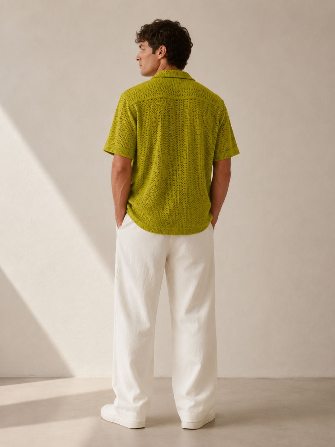 Lime Green Relaxed Fit Pure Cotton Crochet Resort Shirt