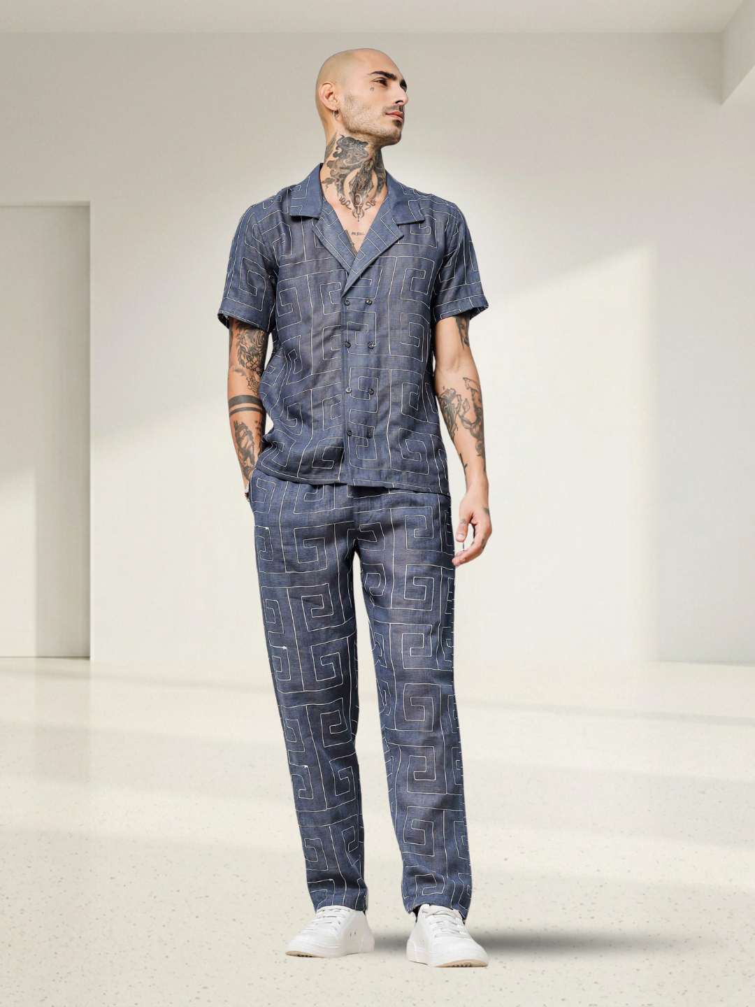 Blue Linen Blend Embroidered Relaxed Fit All Day Pants