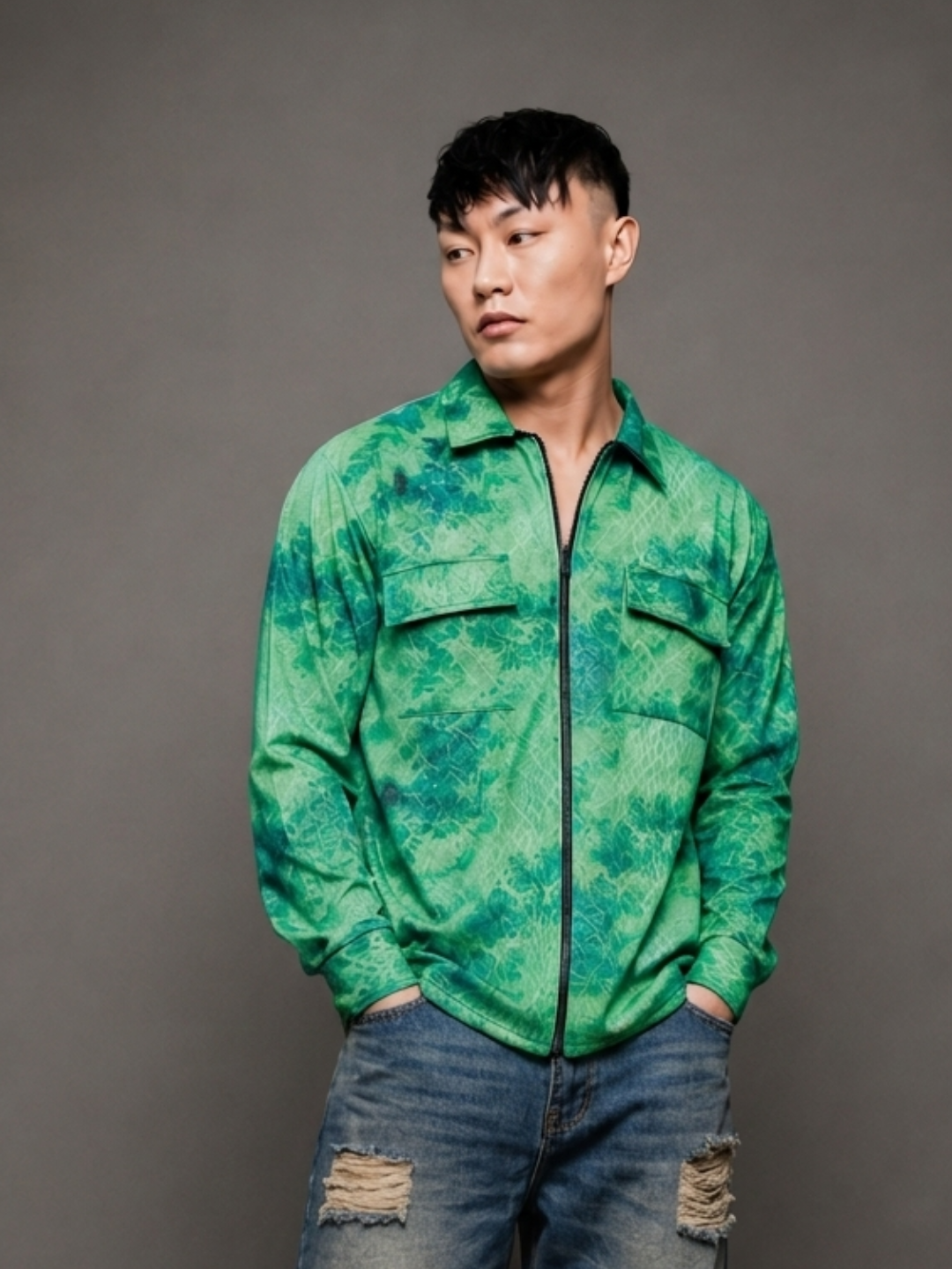 Grey & Green Abstract Printed Drop-Shoulder Relaxed Fit Shirt Zipper Shirt