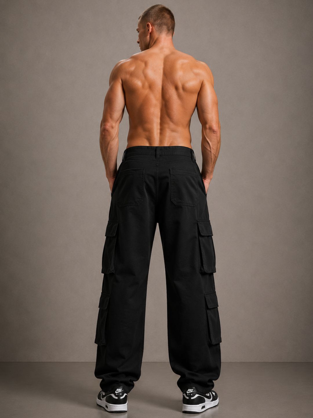 Black Baggy Fit Streetwear Style 8 Pocket Pure Cotton Cargo Trousers
