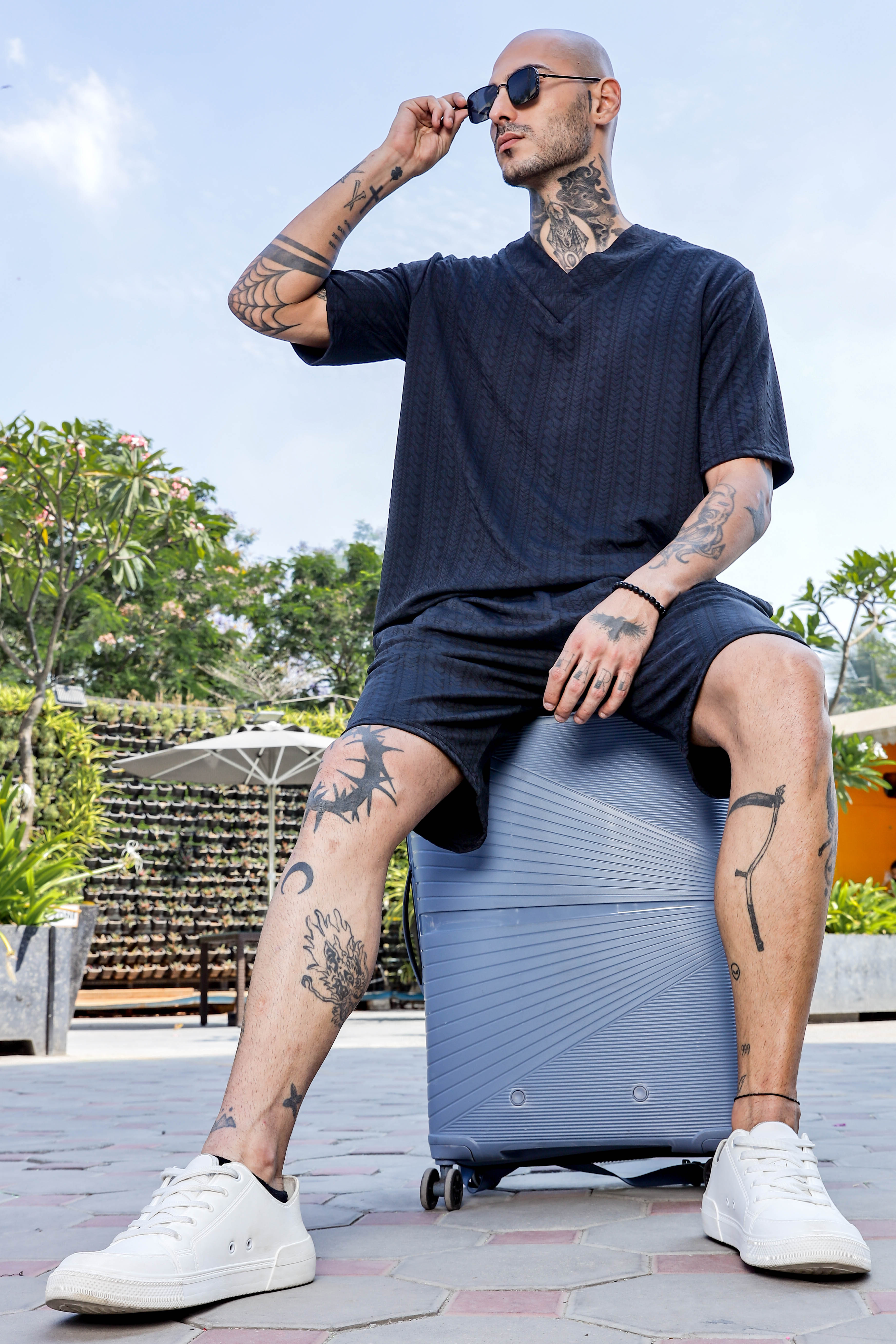 Unisex Black Textured Oversized V-Neck Tee & Shorts Co-ord Set