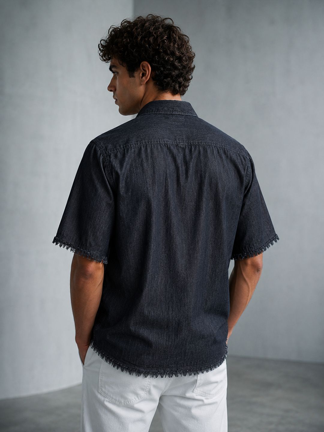 Black Raw Edge Oversized Box-Fit Spread Collar Premium Denim Shirt