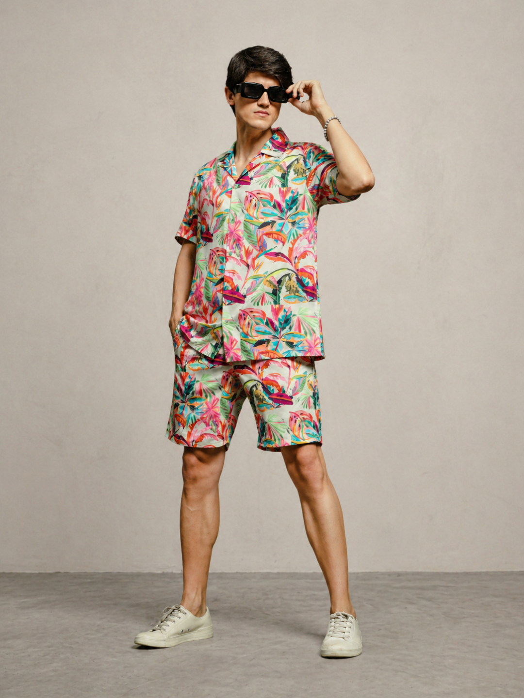 Unisex Beige Tropical Abstract Printed Co-ord Set