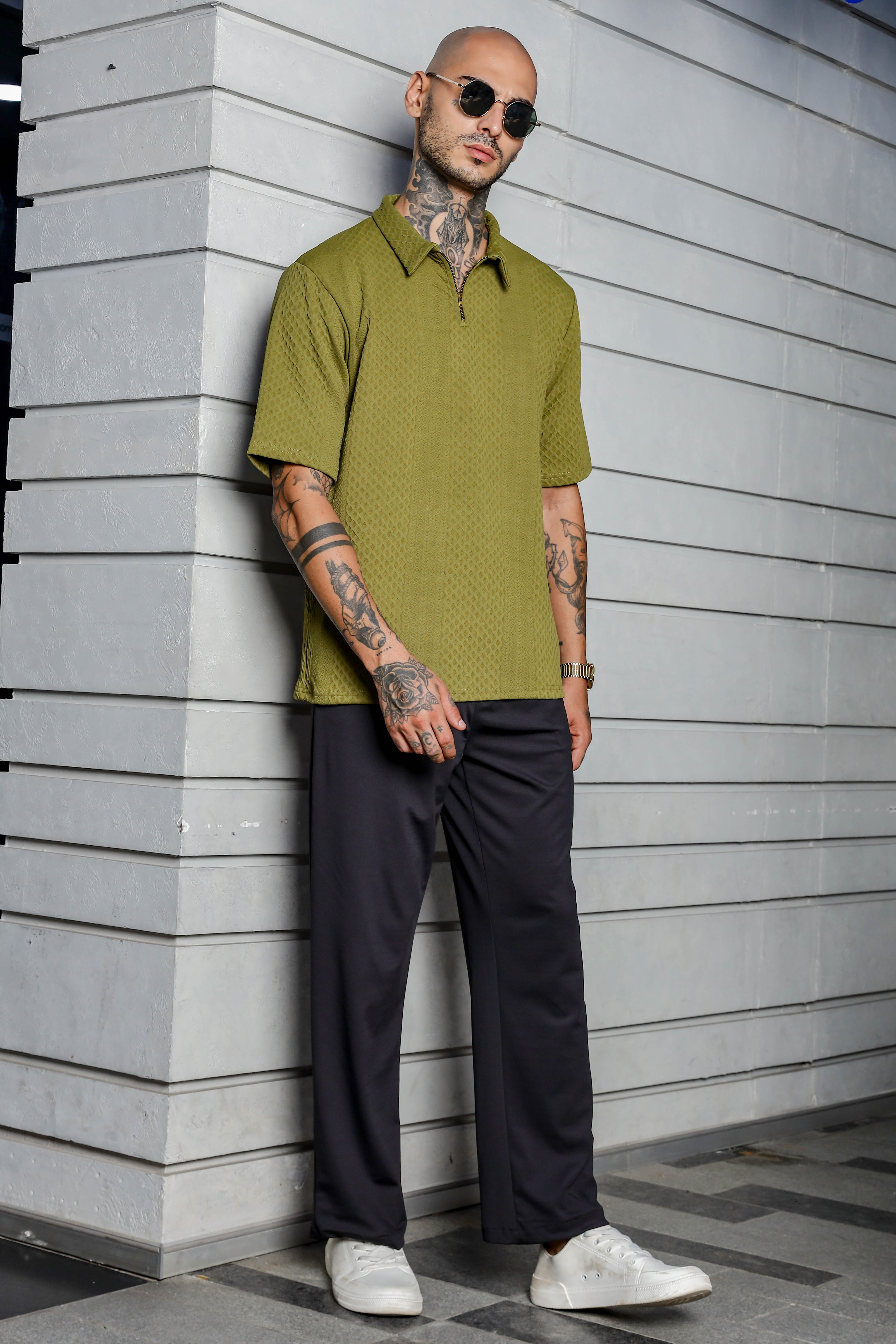 Unisex Olive Textured Polo Neck Oversized T-shirt