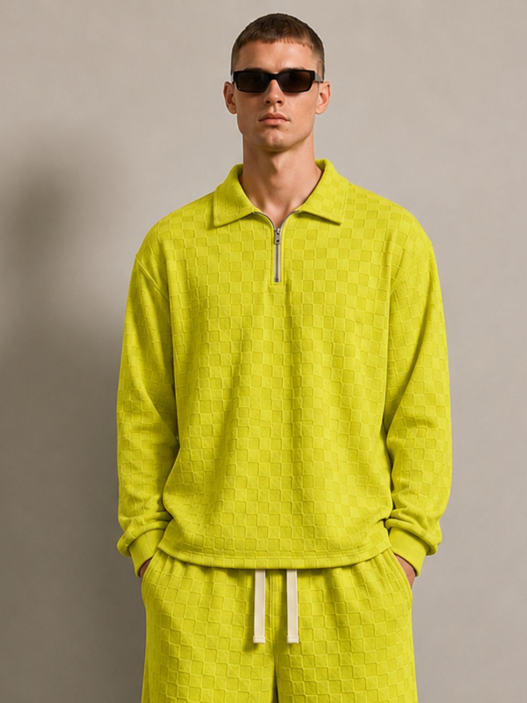 Lime Green Textured Oversized Full Sleeve Polo Neck Tee & Trackpant Co-ord Set