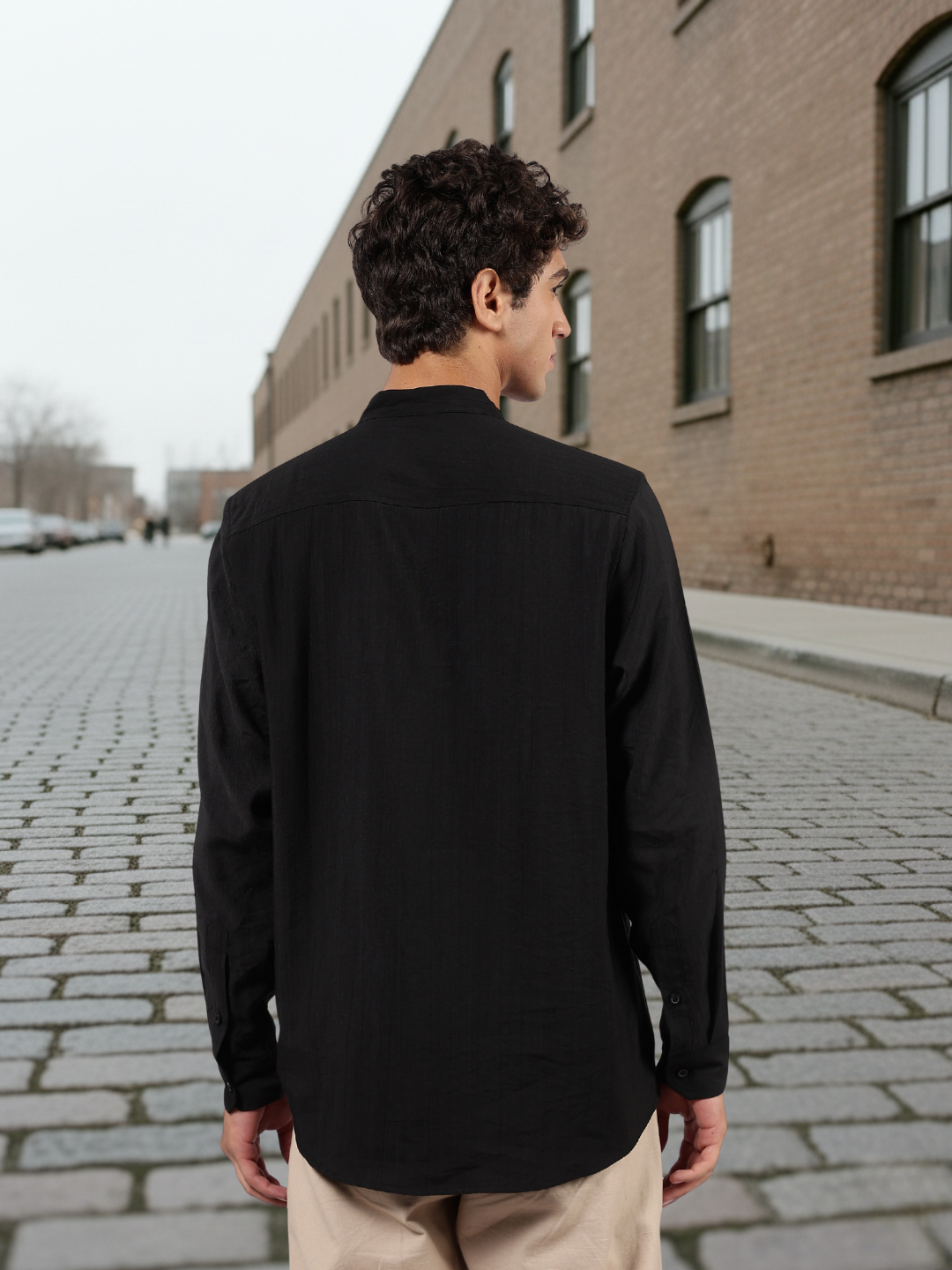 Black Mandarin Collar Pure Viscose Relaxed Fit Shirt 2.0