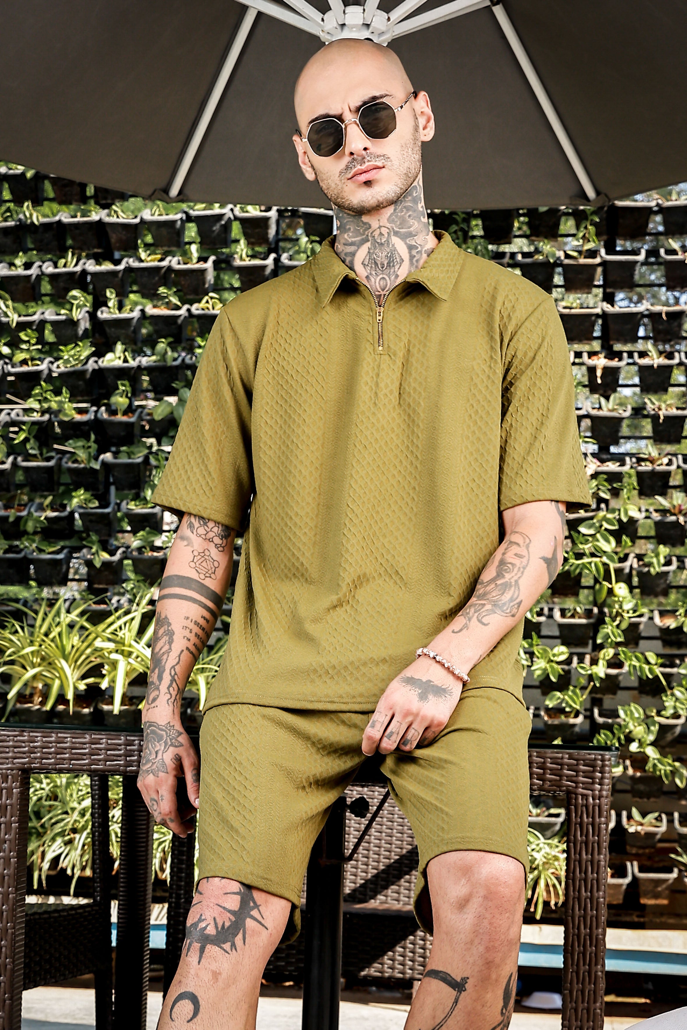 Unisex Olive Textured Oversized Polo Neck Tee & Shorts Co-ord Set