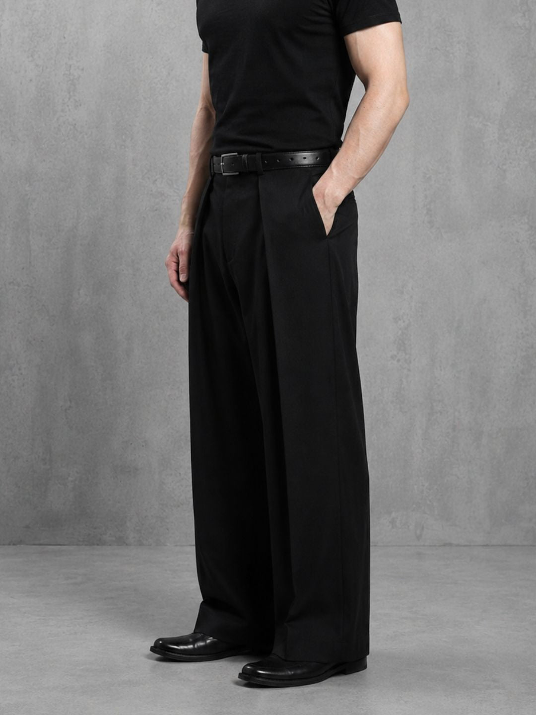 Black Wide Leg Samurai Trousers with Pleated Front