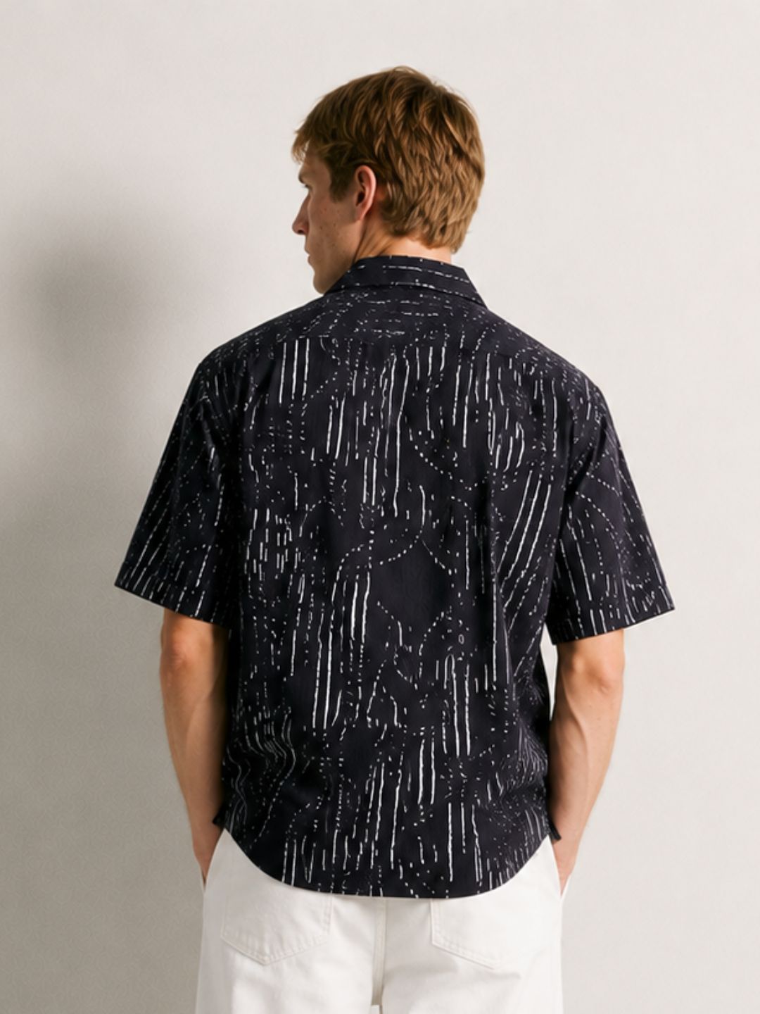 Black Abstract Printed Cuban Collar Relaxed Fit Resort Shirt