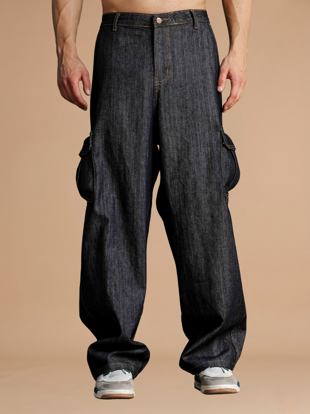 Black Super Baggy Fit Premium 100% Cotton Denim 6-Pocket Cargo