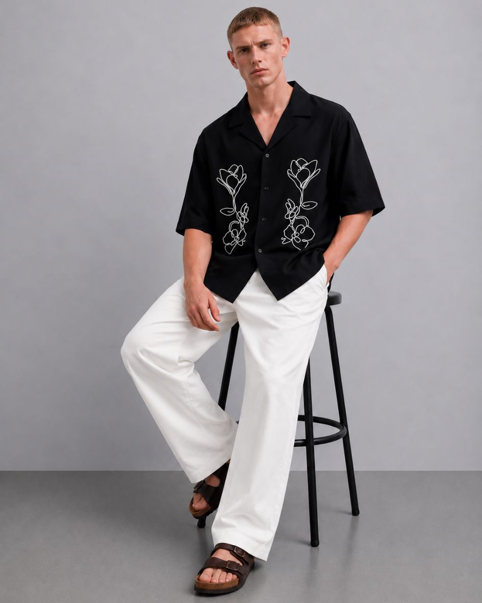 Black Embroidered Relaxed Fit Oversized Half Sleeve Casual Resort Shirt