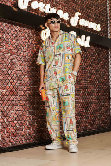 Beige Stamp Print Relaxed Fit Cuban Shirt & All Day Pant Co-Ord Set